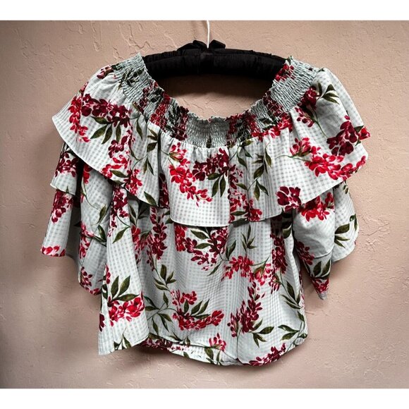 New 14th & Union Floral Off The Shoulder Top Small Printed Layered Ruffle Mint - Picture 2 of 9